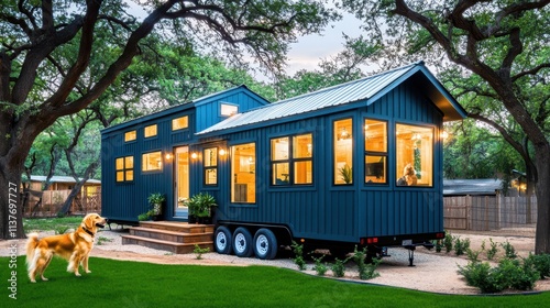 A cozy tiny house on wheels surrounded by lush green forest, with a golden retriever standing on the grass, symbolizing nature and peaceful living.