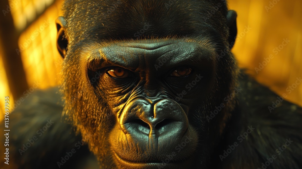 Close-up of a gorilla's face with intense expression and detailed features. Close-up of a gorilla's face with intense expression and detailed features.