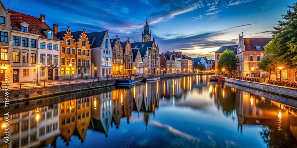 Fototapeta premium Malines Mechelen Long Exposure Photography: Night Cityscapes, Belgian Architecture, Canal Reflections