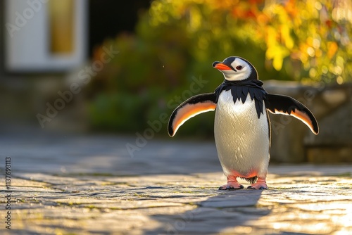 An adorable trio of penguins seems to dance on a drifting iceberg with a soft-focus ocean background evoking a sense of freedom. Beautiful simple AI generated image photo