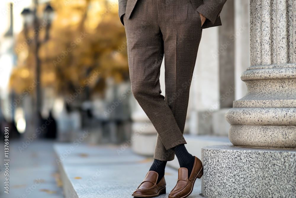 Fashion-forward mocha outfit with a structured blazer, trousers, and loafers, shot in an upscale urban setting. Fashion-forward mocha outfit with a structured blazer, trousers, and loafers, shot in an upscale urban setting.