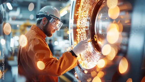 Precision in Action: A Skilled Industrial Worker Carefully Inspects Machinery, Sparks Flying, Creating a Dynamic Visual of Quality Craftsmanship and Industrial Innovation. photo