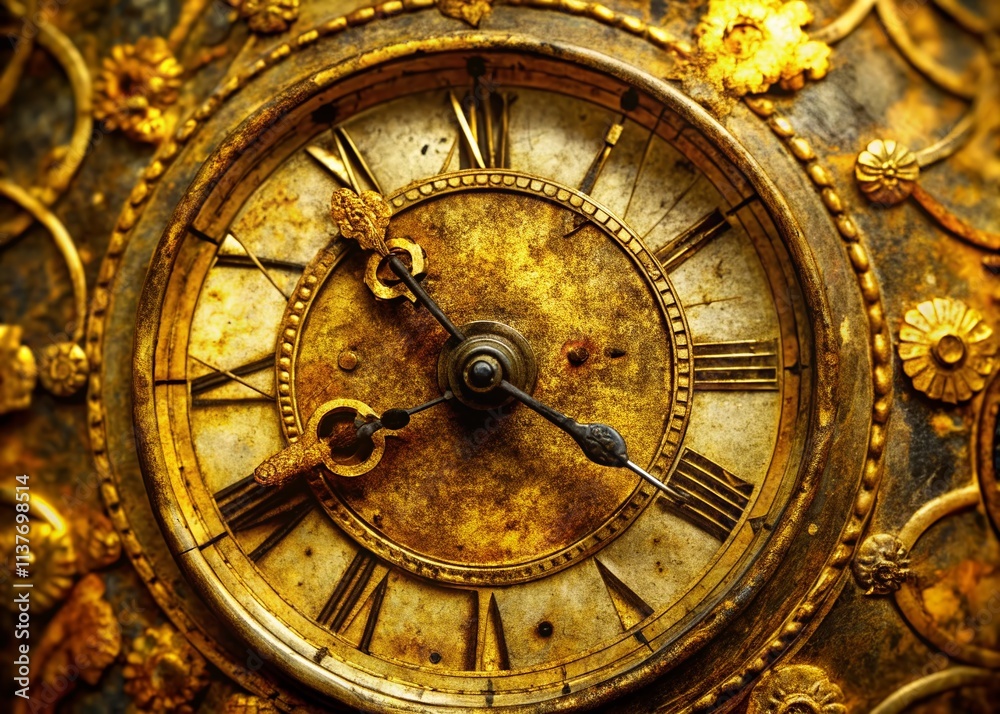 Fototapeta premium Surreal Gilded Clock Face: Antique Timepiece Closeup, Worn Gold, Decaying Elegance, Vintage Clock