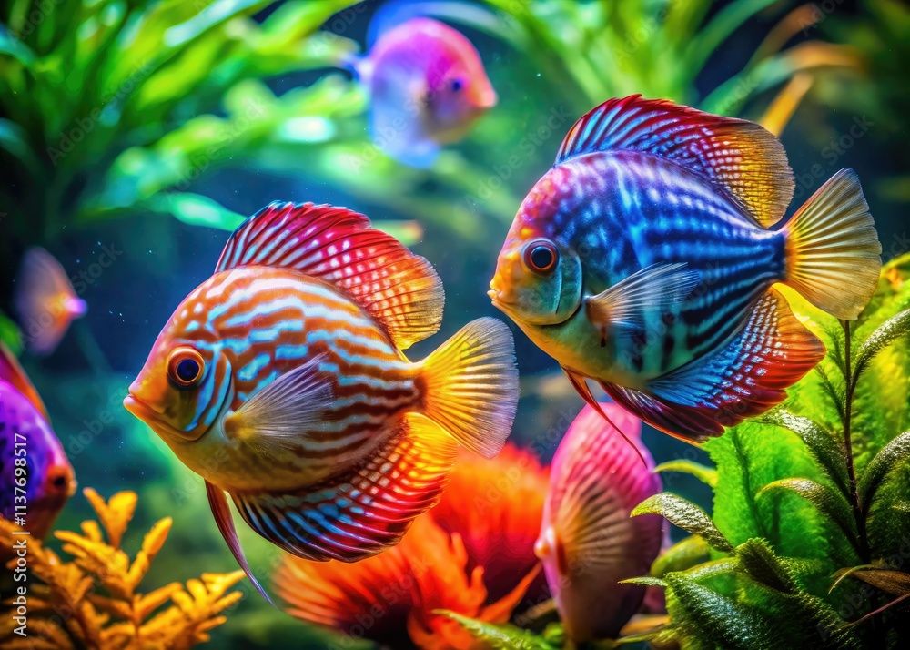 Fototapeta premium Hyperrealistic 4K double exposure: a vibrant discus fish aquarium bursts with color and detail.