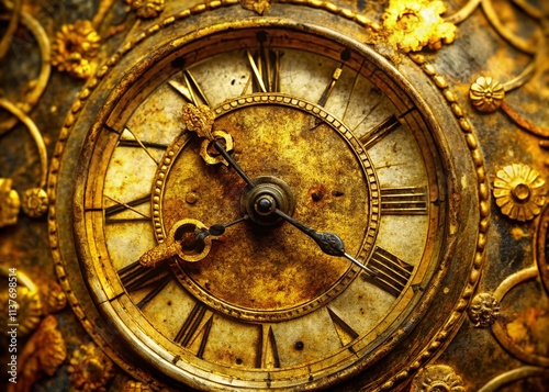 Surreal Gilded Clock Face: Antique Timepiece Closeup, Worn Gold, Decaying Elegance, Vintage Clock