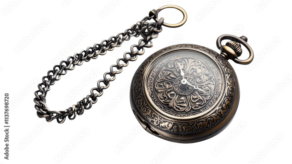 Classic Pocket Watch with Chain Displayed on White Background Ideal for Vintage and Timeless Design Enthusiasts. Classic Pocket Watch with Chain Displayed on White Background Ideal for Vintage and Timeless Design Enthusiasts.