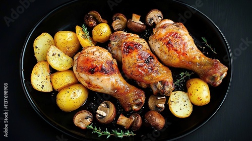 Baked chicken drumsticks with potatoes and mushrooms on a black background photo