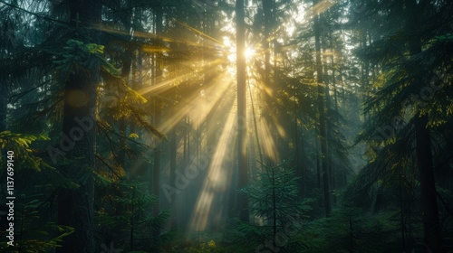 Wallpaper Mural Golden sun rays breaking through trees in misty forest nature photography tranquil environment serene viewpoint Torontodigital.ca