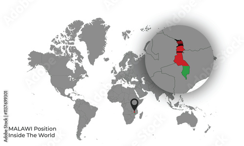 MALAWI Position Inside the World with Flag in Map