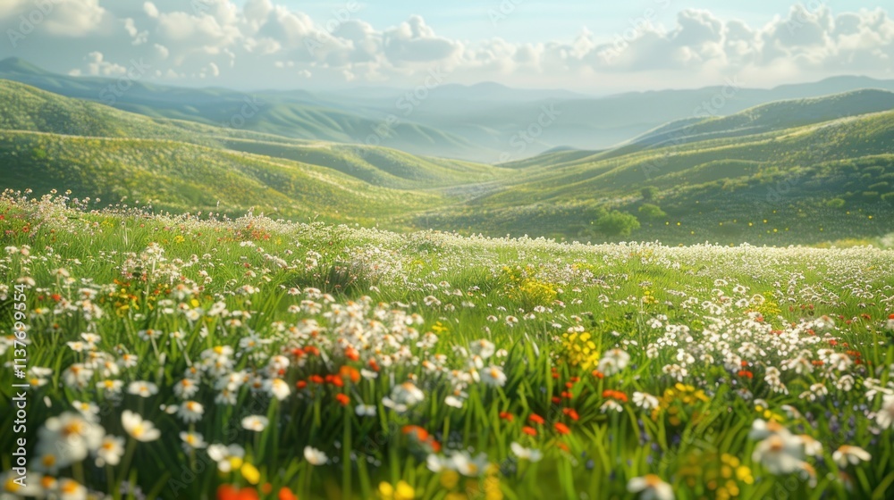 Fototapeta premium Serene Spring Meadow Landscape: Rolling Hills and Wildflowers