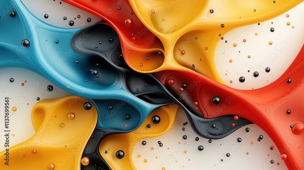 Obraz premium An intricate fractal design in red, yellow, blue, and black colors, with a shiny, textured acrylic fluid drop mix creating a symmetrical and futuristic abstract art background.