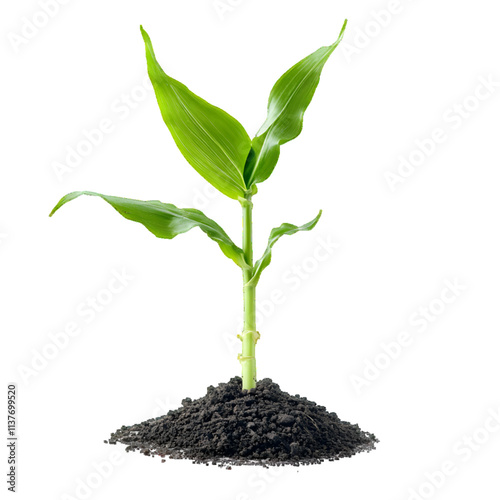 Young green corn stalk placed on white or transparent background, sprouting plant


