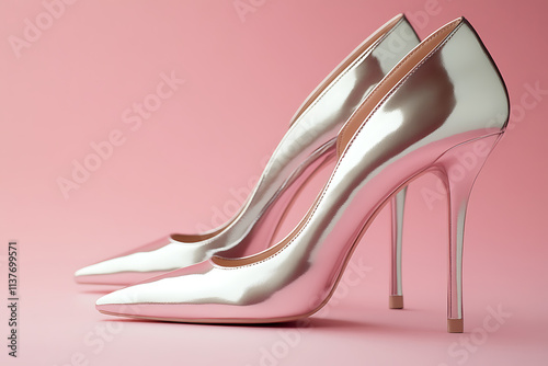A Pair of High-Heeled Shoes with a Shimmering Silver Design. photo