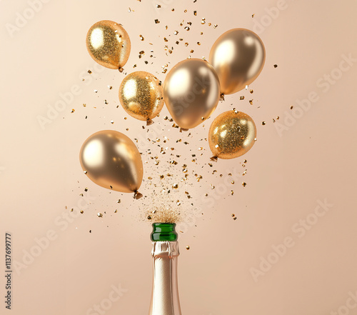 champagne bottle with golden party balloons