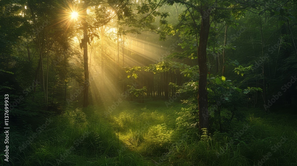 Obraz premium Golden sunlight breaking through trees enchanted forest nature photography tranquil atmosphere low angle serenity