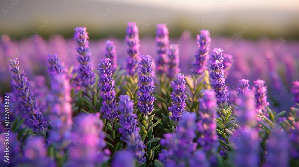 Naklejka premium Lavender Field at Sunset: A Serene Purple Paradise