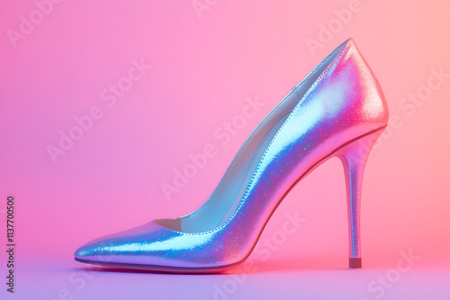 A Pair of High-Heeled Shoes with a Shimmering Silver Finish and Elegant Look. photo