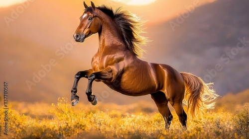 The brown horse gracefully rears up on its powerful hind legs, its sleek muscles tensed against the backdrop of the majestic mountain field at sunset