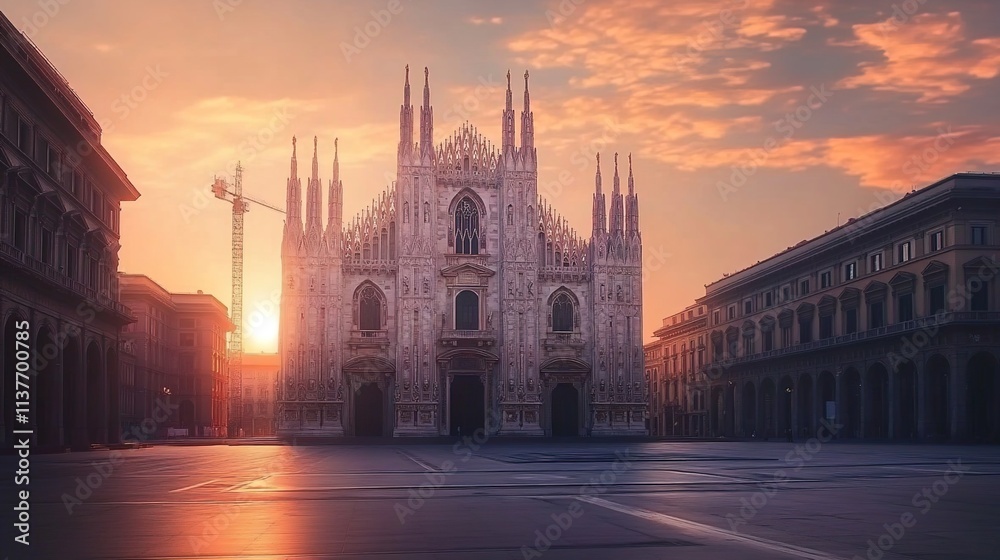 Obraz premium The majestic Duomo in Milan, Italy at sunrise with the square and buildings in front of it. 