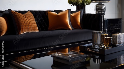 Luxury black velvet sofa with orange cushions and stylish coffee table. photo