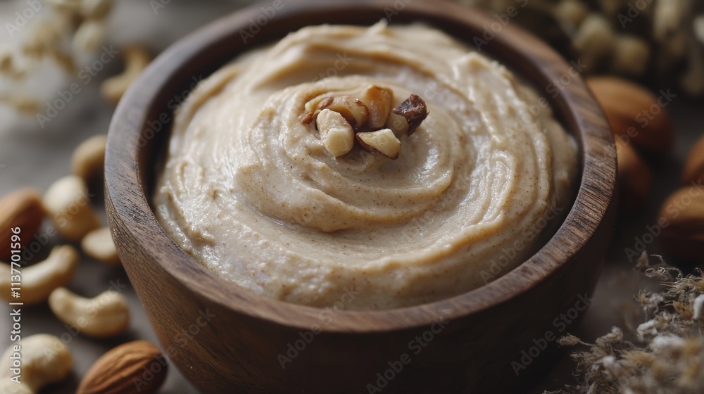 Nut Butter Delight in a Wooden Bowl - A Healthy and Delicious Treat Nut Butter Delight in a Wooden Bowl - A Healthy and Delicious Treat