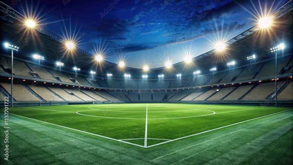 Night game at a realistic, minimalist soccer stadium; empty stands, focused on the field. Night game at a realistic, minimalist soccer stadium; empty stands, focused on the field.