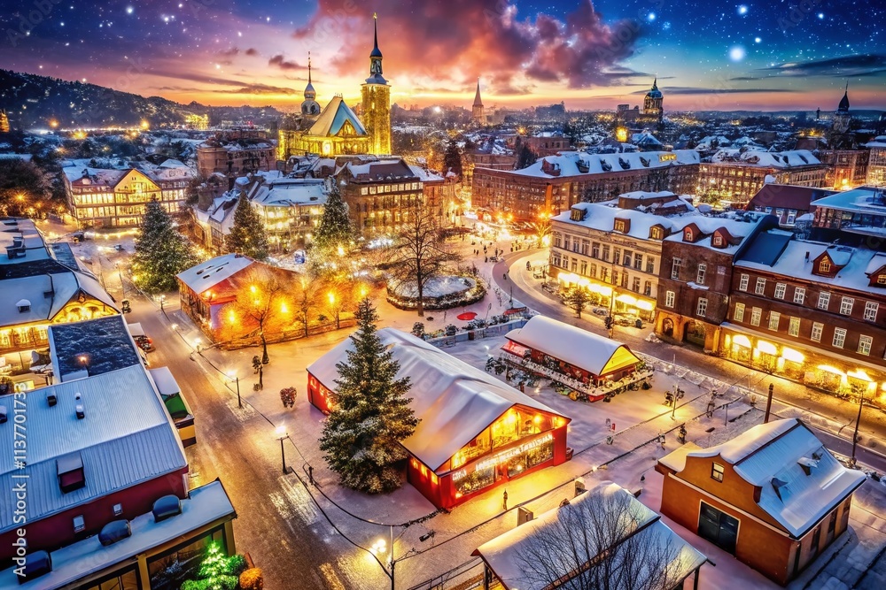Fototapeta premium Merry Christmas World Night Photography: Festive City Lights, Sparkling Snow, Holiday Cheer