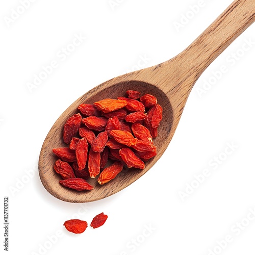 
Pile dried Chinese wolfberries in wooden spoon, pattern goji berries isolated on white background, top view photo