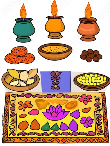 A photo of a traditional Diwali setup with oil lamps, sweets, and vibrant rangoli designs.  photo