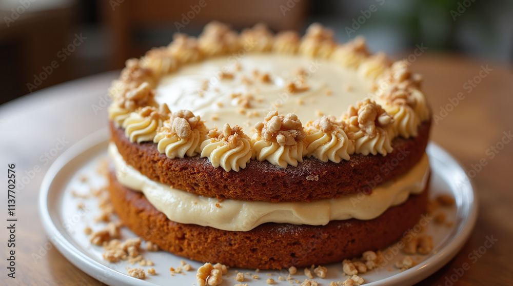 Beautiful Traditional Carrot Cake with Buttercream, Rich White Cheese Icing, Sprinkled with Walnuts - Layered Creamy Cake Dessert Beautiful Traditional Carrot Cake with Buttercream, Rich White Cheese Icing, Sprinkled with Walnuts - Layered Creamy Cake Dessert
