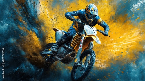 Dynamic Motocross Rider Capturing Speed and Power in Vibrant Color Explosion photo