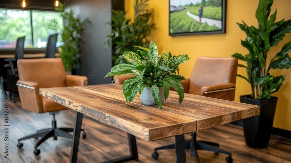 Fototapeta premium A photo of a sustainable green co working office interior featuring reclaimed wood furniture, energy efficient LED lighting, low VOC paint, and indoor plants for improved air quality and productivity.