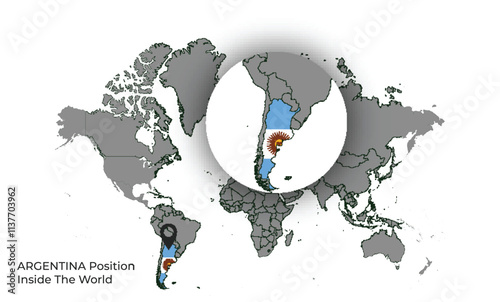 ARGENTINA Position Inside the World with Flag in Map
