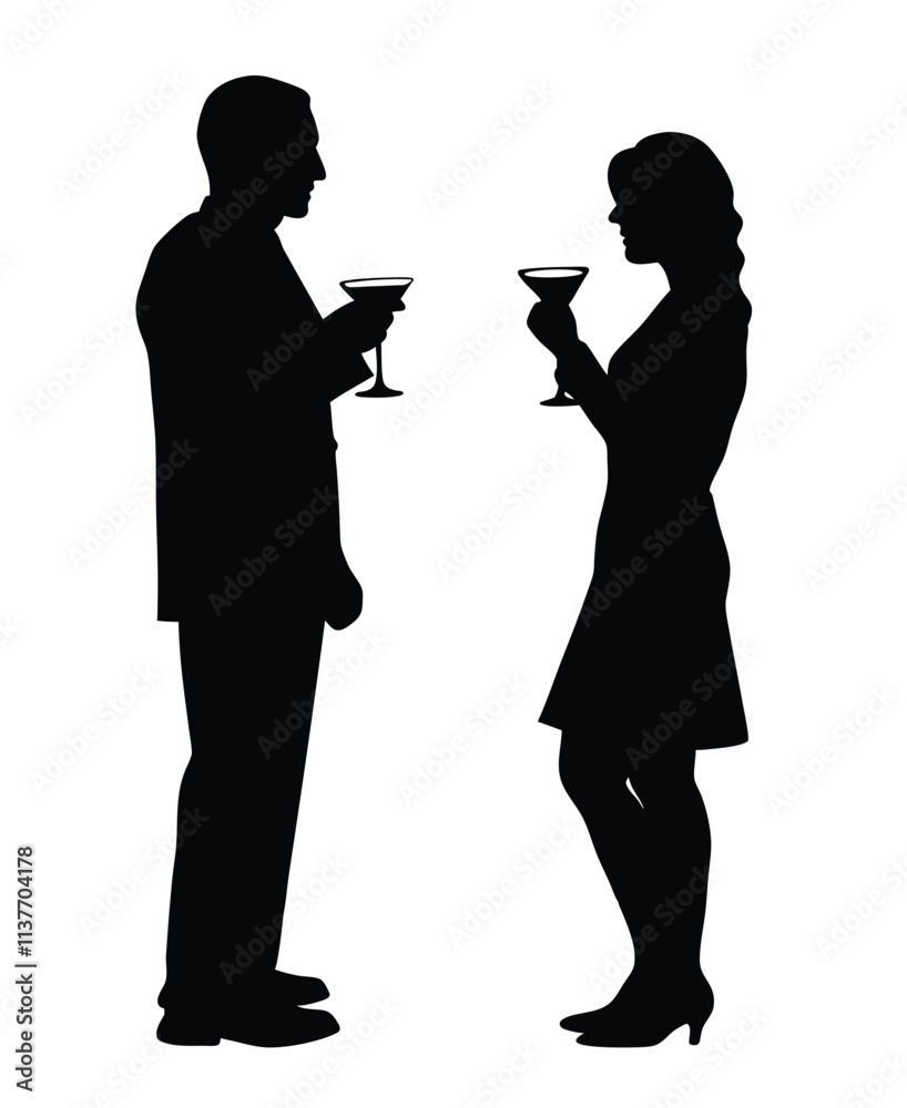 Couple drinking cocktail silhouette illustration isolated on a white background Couple drinking cocktail silhouette illustration isolated on a white background