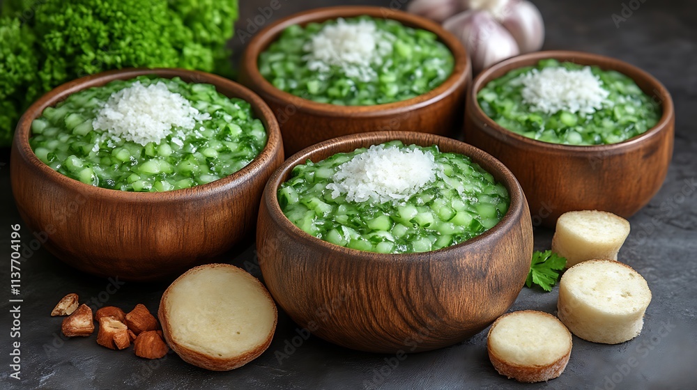 Wooden Bowls Of Green Cucumber And Herb Salad Wooden Bowls Of Green Cucumber And Herb Salad