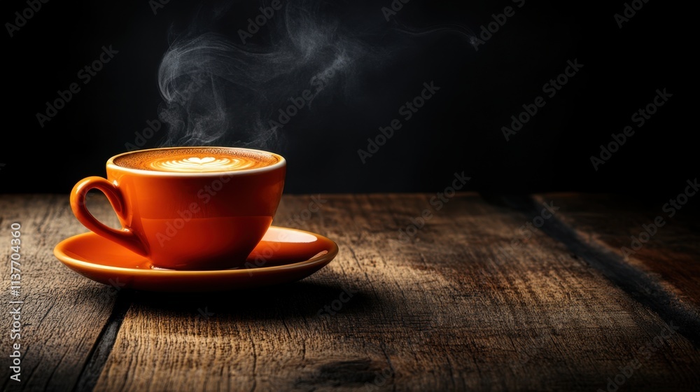 Steaming Coffee Cup on Wooden Table with Beautiful Latte Art Detail Steaming Coffee Cup on Wooden Table with Beautiful Latte Art Detail