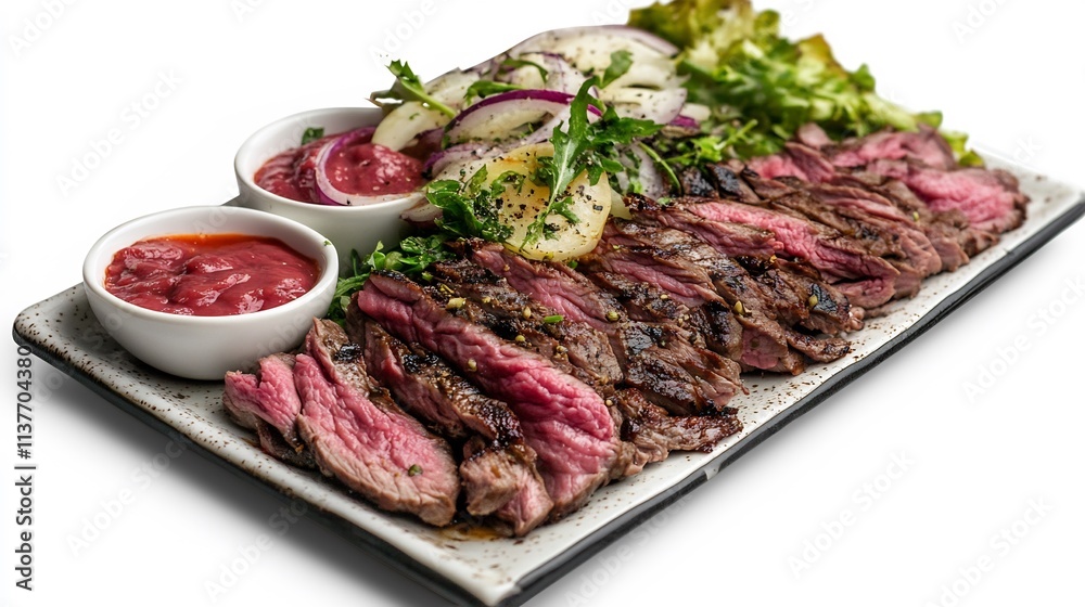 Sliced grilled steak with salad and two sauces. Sliced grilled steak with salad and two sauces.
