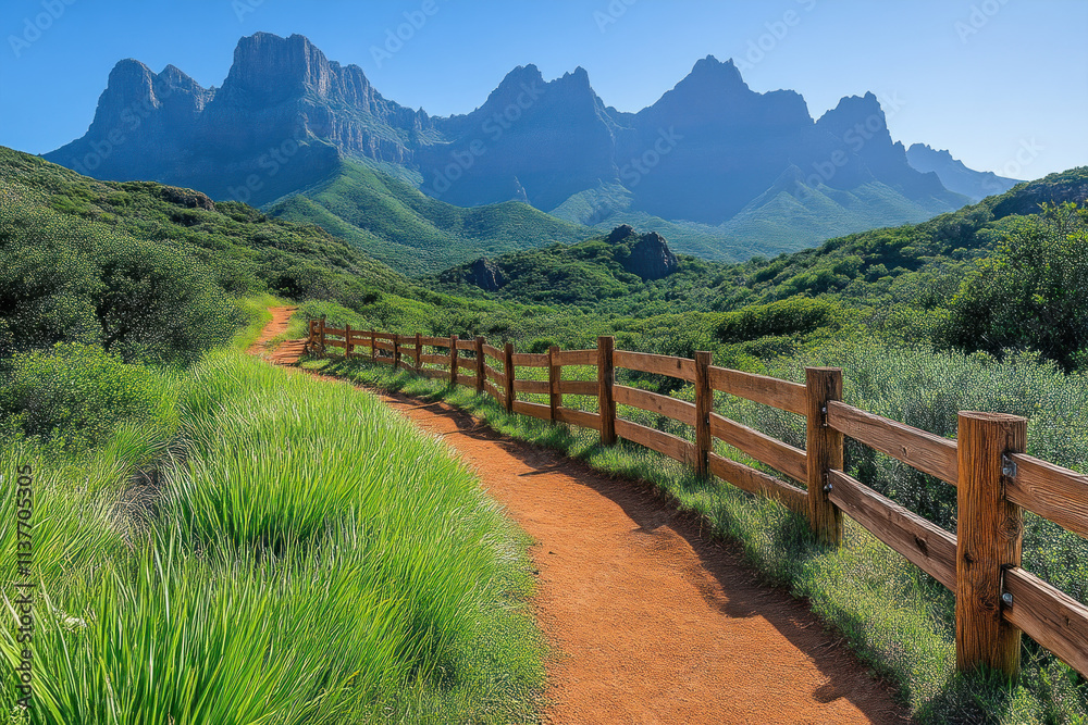 Fototapeta premium Mountain Trail Winds Through Lush Valley and Alongside Rustic Fence Peacefully
