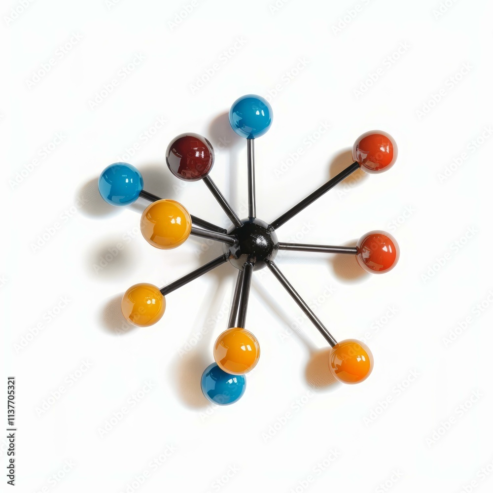 Obraz premium Colorful metal starburst wall hanging adding a touch of mid century modern style, evoking a molecular structure