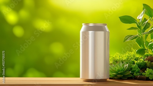 Wallpaper Mural Aluminum Can on Wooden Table in Green Setting. Generative AI Torontodigital.ca