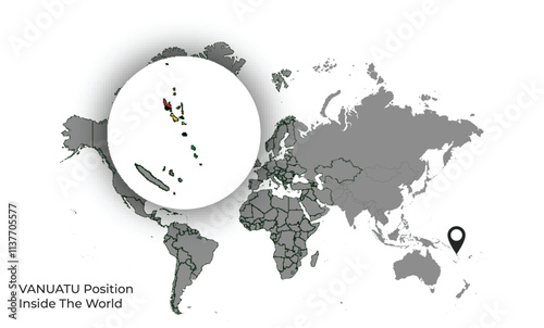 VANUATU Position Inside the World with Flag in Map