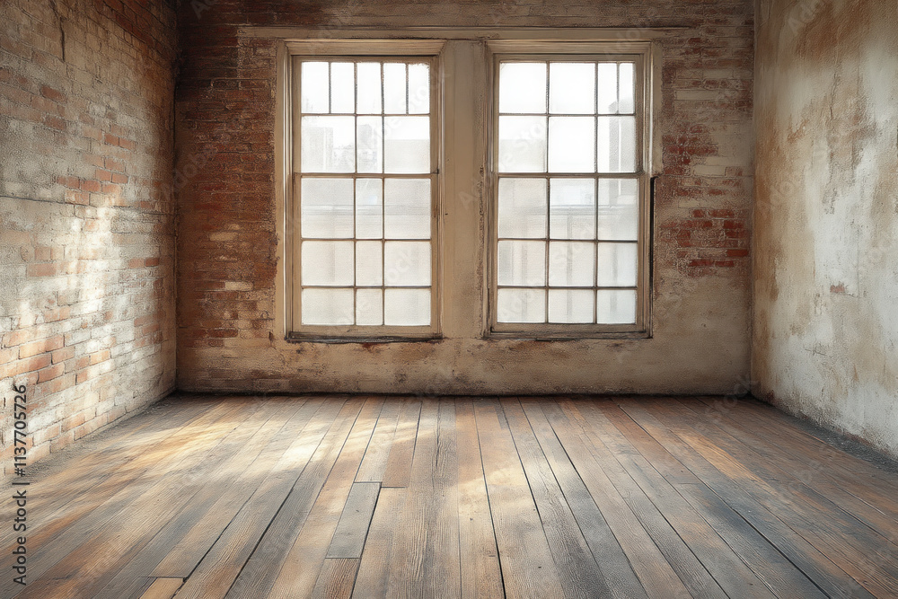 Empty Room Shows Wooden Floor, Brick Wall, and Windows Beautifully Empty Room Shows Wooden Floor, Brick Wall, and Windows Beautifully