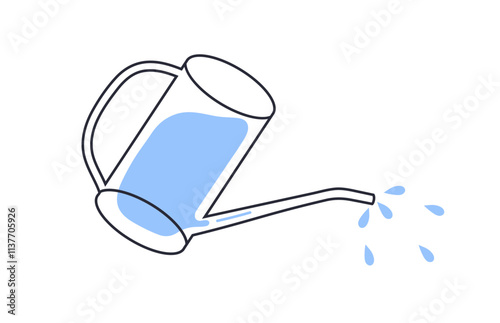 Watering can, pot pouring drops, sprinkles. Gardening tool with spout, nozzle for spraying shower. Farming equipment, sprinkler. Contoured flat vector illustration isolated on white background