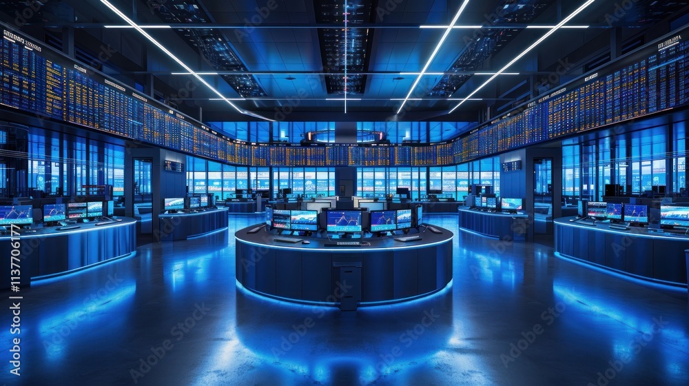 Fototapeta premium Futuristic Trading Floor: Blue-lit Stock Exchange Interior
