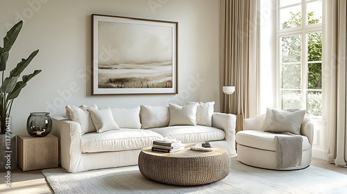 Simple, bright living room mockup with a large frame above the sofa, neutral tones throughout 