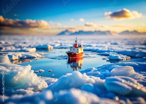 Miniature Icebreaker Ship, Tilt-Shift Photography, Arctic Expedition, Frozen Landscape, Tiny Boat, Winter Wonderland