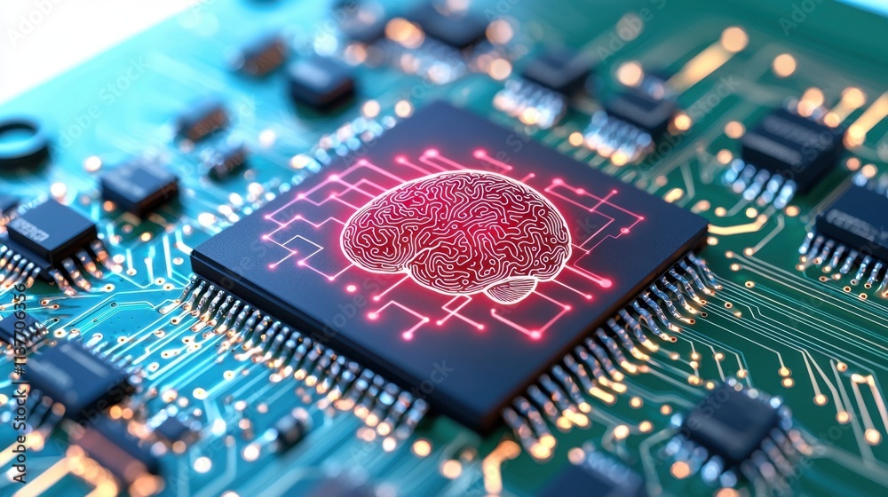 Obraz premium An AI chip icon depicting a stylized microchip with interconnected circuits and digital brain imagery, symbolizing the power and intelligence of artificial intelligence technology.