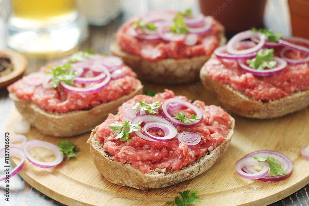 Traditional German sandwiches with minced meat Mettbroetchen Traditional German sandwiches with minced meat Mettbroetchen