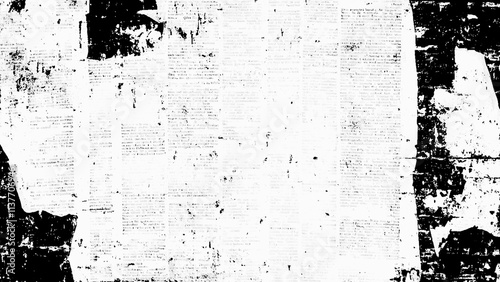 Vector white and black newspaper paper grunge vintage old aged texture. Vintage grunge newspaper collage background. Newspaper with old grunge vintage unreadable paper texture background.