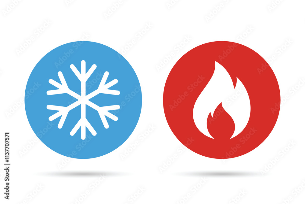 Hot and cold icons. Fire and ice sign. Snowflake and fire flame icon. Heating and cooling button.